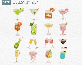 Mini Cocktail Bundle Embroidery Design, Cocktail Machine Embroidery File, Martini Margarita Wine Glass Bundle, Summer Drink Icons Pes File