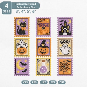 Halloween-frimärkesbroderidesignpaket, kusliga ikoner maskinbroderifil, svart katt, spöke, pumpa, trolldryck, webbset Pes-fil
