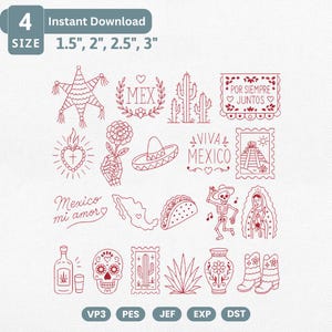 Peut inclure: Une collection de motifs de broderie au trait rouge comprenant une piñata, un cactus, une bannière "POR SIEMPRE JUNTOS", un cœur sacré, une main squelette avec fleur, un sombrero, "VIVA MEXICO", une pyramide, "Mexico mi amor", une carte, un taco, un squelette, la Vierge Marie, de la tequila, un crâne et des bottes.