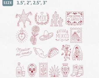 Mexican Embroidery Design Bundle, Redwork Mexico Machine Embroidery File, Cactus Sombrero Taco Sugar Skull Mariachi Virgin Pes File Set