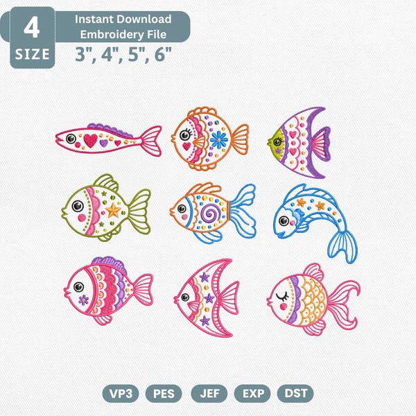 Tropical Fish Embroidery Design Bundle, Colorful Ocean Fish Machine Embroidery File, Cute Sea Creature Aquarium Marine Fish Set Pes File