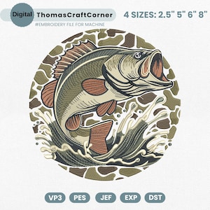 May include: Digital embroidery file featuring a detailed illustration of a largemouth bass leaping from water. The fish is rendered in shades of green, brown, and beige, set against a camouflage background. Text includes "ThomasCraftCorner" and "4 SIZES: 2.5" 5" 6" 8"", along with file type abbreviations.