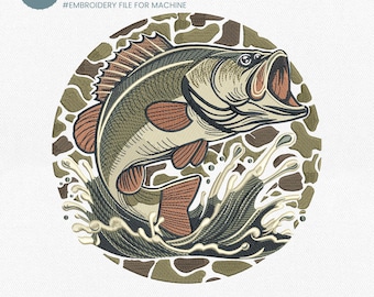Camo Bass Fishing Embroidery File, Largemouth Bass Fish Embroidery File, Fishing Dad Embroidery Machine File,  Pes File