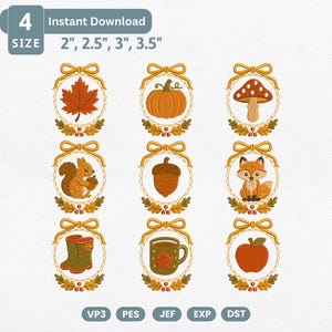 May include: A set of nine autumn-themed machine embroidery designs featuring a maple leaf, pumpkin, mushroom, squirrel, acorn, fox, rain boots, mug, and apple. Each design is framed in an oval with a gold bow and leaves, available in 2, 2.5, 3, and 3.5 inch sizes.