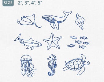 Ocean Animal Line Art Embroidery Design Bundle, Sea Turtle Shark Whale Machine Embroidery File, Seahorse Jellyfish Starfish Pes File Set