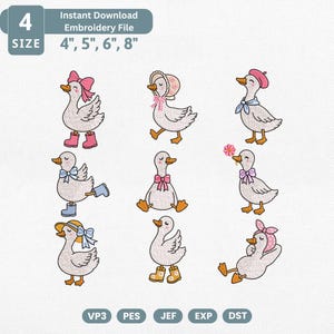 Cute Goose Embroidery Design Bundle, Coquette Bow Goose Machine Embroidery File, Floral Bonnet Rain Boots, Daisy Duck Garden Pes File Set