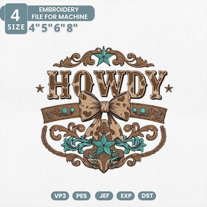 Howdy Cowgirl Embroidery File, Western Turquoise Bow Embroidery Design, Retro Rodeo Country Stitch For Western Lovers, Instant Download