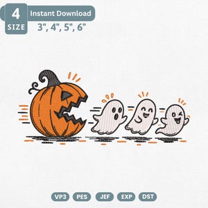 May include: An embroidery design featuring a large orange jack-o'-lantern chasing three small white ghosts. The text reads 4 SIZE 3", 4", 5", 6" and VP3 PES JEF EXP DST. The design uses black outlines and orange accents on a white background.