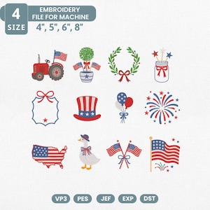 Op de afbeelding: Een verzameling patriottische borduurontwerpen met een rode tractor, Amerikaanse vlaggen, een topiary, een krans, een pot met vuurwerk, een frame, een Uncle Sam-hoed, ballonnen, vuurwerk, een kaart van de VS, een gans en gekruiste vlaggen. Tekst: BORDUURBESTAND VOOR MACHINE 4", 5", 6", 8".