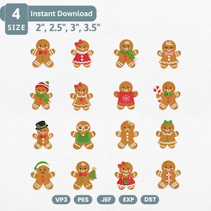 Puede incluir: Una colección de dieciséis diseños de bordado de hombre de jengibre en cuatro tamaños: 2", 2.5", 3" y 3.5". Cada figura presenta accesorios únicos como sombreros, bufandas, lazos y motivos festivos. Los formatos de archivo incluyen VP3, PES, JEF, EXP y DST.