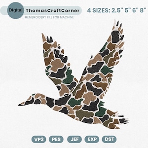 May include: Digital embroidery file of a flying duck with a camouflage pattern in shades of brown, green, and black. The design is available in four sizes: 2.5", 5", 6", and 8". The text "ThomasCraftCorner" is visible.