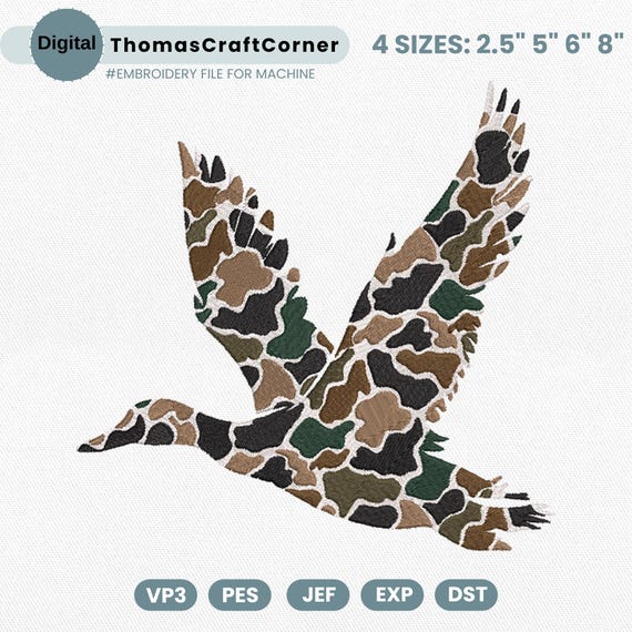 Duck Hunting Embroidery Design, Camo Waterfowl Patch Embroidery File, Flying Mallard Duck Embroidery Machine File,  Pes File
