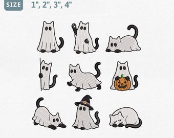 Cute Ghost Cat Embroidery Design Bundle, Halloween Kitty Machine Embroidery File, Spooky Cat Pumpkin Witch Hat Black Tail Set Pes File