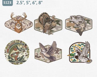 Hunting Fishing Embroidery Design Bundle, Deer Turkey Bass Mallard Machine Embroidery File Set, Camo Wildlife Sportsman PES Pattern Files