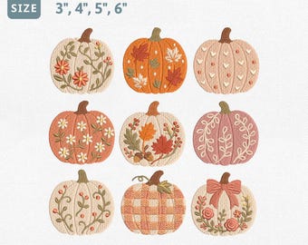 Fall Pumpkin Embroidery Design Bundle, Floral Pumpkin Machine Embroidery File, Autumn Leaf Heart Bow Gingham Pumpkin Patch Set Pes File