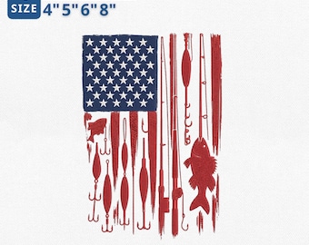 American Flag Bass Fishing Embroidery Design, Patriotic Bass Fish Embroidery File, 4th of July Outdoor Fishing Digital File,Instant Download