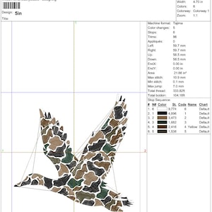 May include: An embroidery design production worksheet. The design is a flying duck with a camouflage pattern in shades of brown, green, and black. The design is 4.61 inches high and 4.70 inches wide.