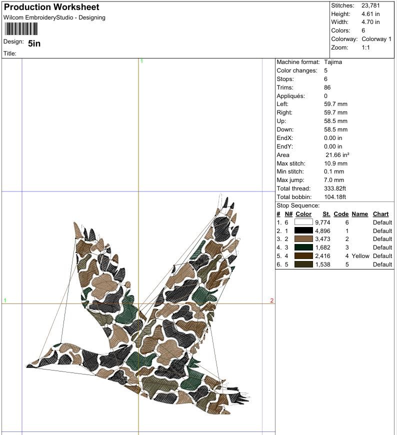 May include: An embroidery design production worksheet. The design is a flying duck with a camouflage pattern in shades of brown, green, and black. The design is 4.61 inches high and 4.70 inches wide.