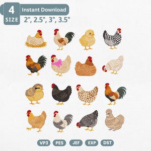 Può includere: Un set di ricami digitali con 16 illustrazioni uniche di polli e galli in vari colori e pose. Il testo 4 Instant Download e le dimensioni 2, 2.5, 3, 3.5 inches sono visualizzati in alto, con i formati dei file elencati in basso.
