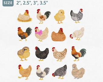 Chicken Embroidery Design Bundle, Farm Hen Rooster Chick Machine Embroidery File, Silkie Leghorn Barnyard Poultry Birds Pes File Set
