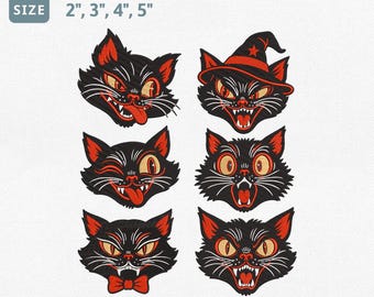 Vintage Black Cat Halloween Embroidery Design Bundle, Retro Spooky Cat Faces Machine Embroidery File Set, Witch Cat Creepy PES Pattern Set