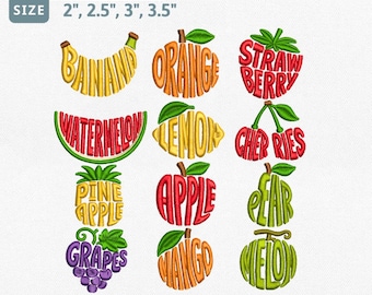 Fruit Word Embroidery Design Bundle, Colorful Typography Machine Embroidery File, Banana Apple Cherry Mango Lemon Strawberry Pes File Set