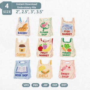 Market Bag Embroidery Design Bundle, Grocery Shop Tote Machine Embroidery File, Bakery Flower Fish Coffee Fruit Farmers Deli Set Pes File