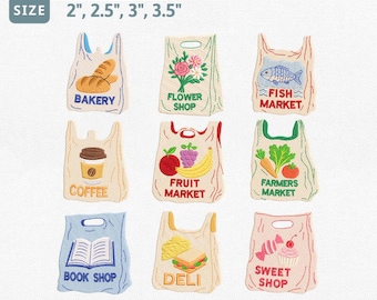 Market Bag Embroidery Design Bundle, Grocery Shop Tote Machine Embroidery File, Bakery Flower Fish Coffee Fruit Farmers Deli Set Pes File
