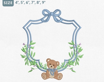Bear Wreath Crest Frame Embroidery Design, Baby Banner Crest Machine Embroidery File, Newborn Birthday Frame, Elegant Door Hanger Pes file