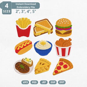 USA Fast Food Embroidery Design Bundle, Diner Food Machine Embroidery File, French Fries Burger Hot Dog Pizza Fried Chicken Steak Set File