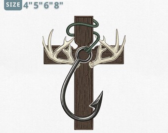 Faith Fishing Hunting Embroidery File, Camo Cross With Hook Antlers Bass Embroidery Design, Christian Faith Gifts, Instant Download