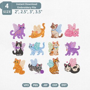 Fairy Cat Embroidery Design Bundle, Winged Kitty Machine Embroidery File, Cute Butterfly Cat Floral Celestial Pet Lover Art Set Pes File