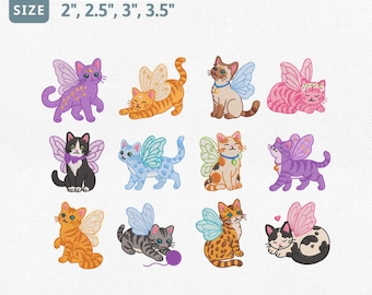 Fairy Cat Embroidery Design Bundle, Winged Kitty Machine Embroidery File, Cute Butterfly Cat Floral Celestial Pet Lover Art Set Pes File