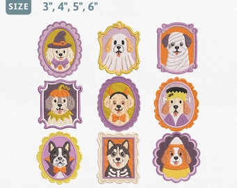 Halloween Dog Embroidery Design Bundle, Dog Crest Frame Machine Embroidery File, Cute Spooky Pet Portrait Witch Ghost Costume Set Pes File