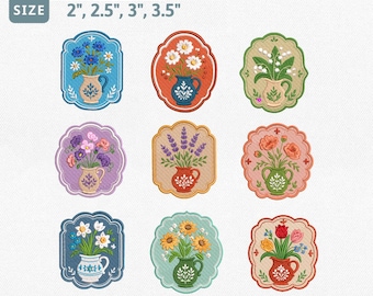 Floral Pitcher Embroidery Design Bundle, Vintage Botanical Flower Vase Machine Embroidery File, Daisy Tulip Lavender Sunflower Pes File Set