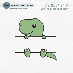 May include: Green dinosaur peeking over a horizontal line with its tail hanging down. The dinosaur has a smiling face with large eyes. The embroidery design is available in three sizes: 5 inches, 7 inches, and 9 inches. File formats include VP3, PES, JEF, EXP, and DST.