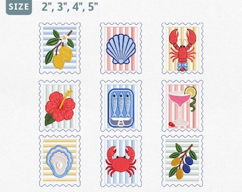 Coastal Postage Embroidery Design Bundle, Seafood Stamp Machine Embroidery File, Lemon Shell Lobster Sardine Oyster Crab Pes File