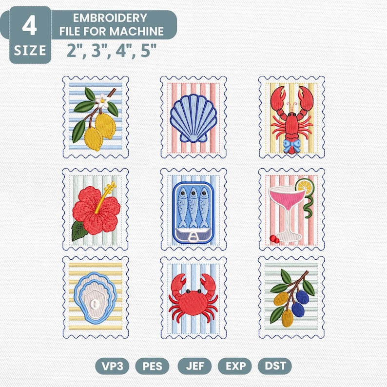 May include: A digital embroidery file set featuring nine postage stamp-style designs with coastal themes including lemons, a seashell, a lobster, a hibiscus flower, sardines, a cocktail, an oyster, a crab, and olives in 2", 3", 4", and 5" sizes.
