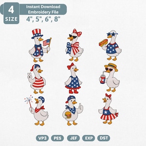 Patriotic Goose Embroidery Design Bundle, 4th of July Machine Embroidery File, Silly Goose USA Duck Icons, American Flag Hot Dog Pes File