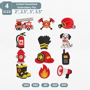 May include: A collection of twelve firefighter-themed embroidery designs including a red fire engine, crossed axes, a coiled hose, fire extinguisher, black gloves, a dalmatian, hydrant, red helmet, walkie-talkie, boots, flame, and megaphone.