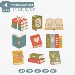 May include: A digital embroidery design set featuring nine illustrated books in various colors and styles, including stacked books with a white ribbon, floral motifs, hearts, and celestial patterns. Text includes 4 Instant Download 2, 2.5, 3, 3.5 inches and file formats VP3, PES, JEF, EXP, DST.
