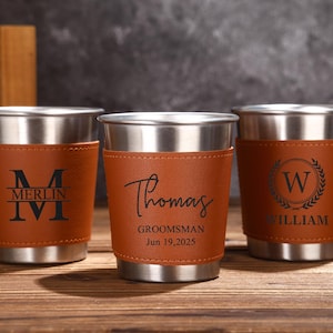 Personalized Beer Mug with Leather Holder: Groomsmen Gift