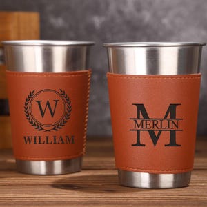Personalized Beer Mug with Leather Can Holder: Groomsmen Gift