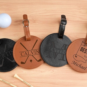 Cadeau fête des pères Golf, étiquette de sac de golf en cuir avec tés de golf, étiquette gravée pour le nom de sac de golf, support de té de golf personnalisé, accessoires de golf