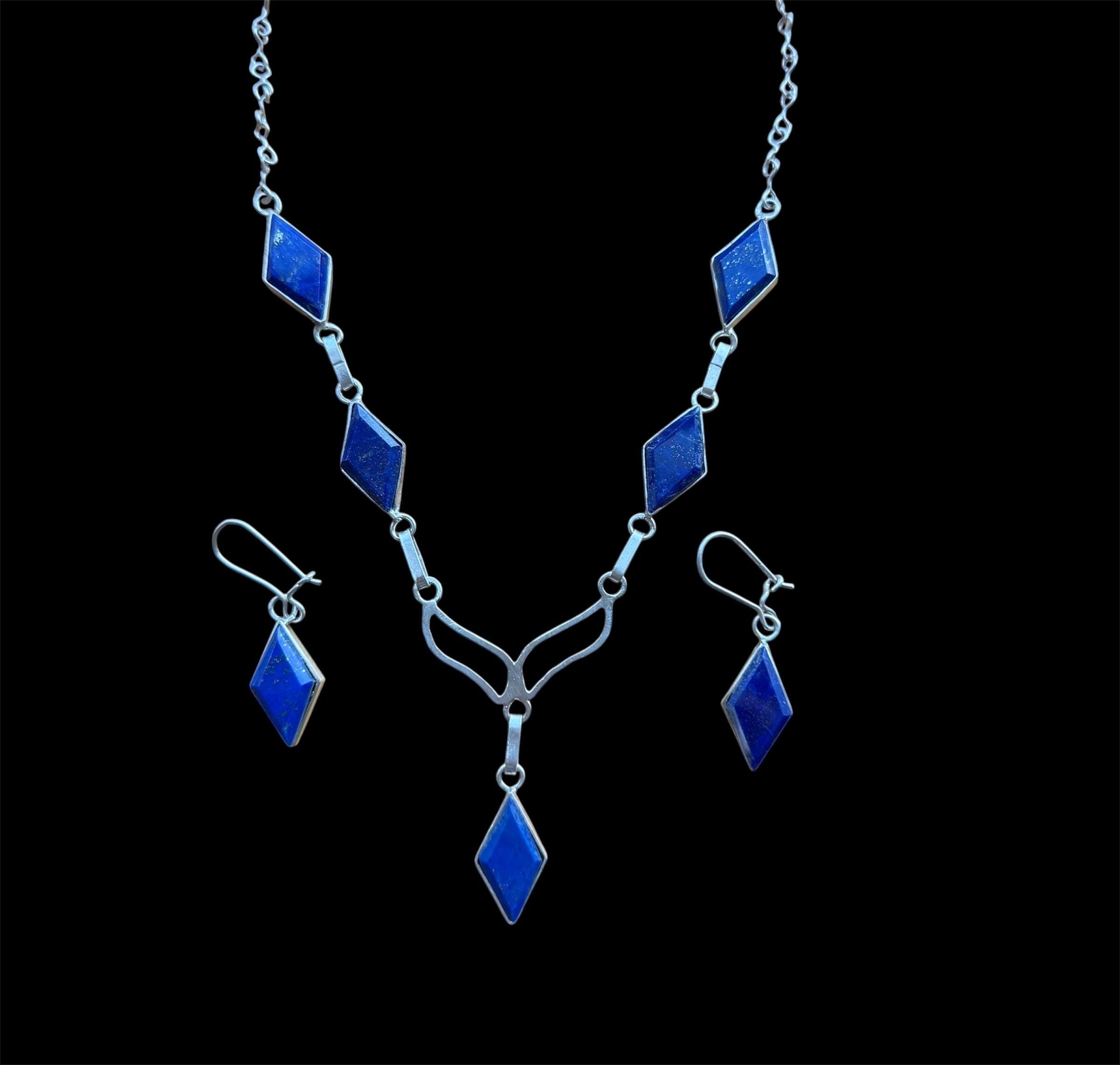 天然ラピスラズリのネックレス＆イヤリングセット：ハンドメイド 