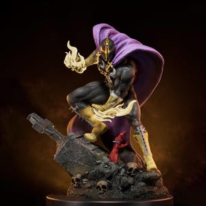 May include: A detailed figurine of a superhero in a dynamic pose, wearing a black and gold suit with a purple hooded cape. The figure is holding a flame in one hand and is standing on a base with skulls and a broken structure.