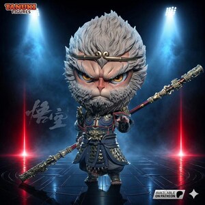 Estátua Chibi do Rei Macaco Mítico em STL para Impressão 3D | Miniatura Fofa do Guerreiro Lendário com Cajado | Diorama Chibi de Fantasia | Arquivos Digitais STL