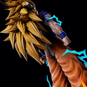 Estatua STL de Goku SSJ3 (Fanart) / Escala 1/6 / Aura de energía y base de poder relámpago / Descarga del modelo de archivo STL para impresión 3D