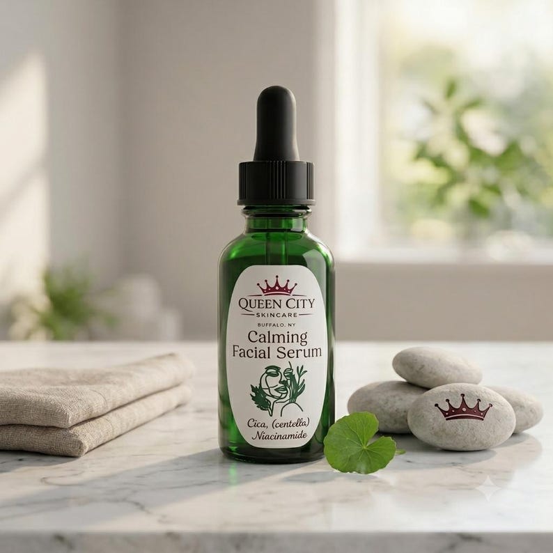 Essential Calm Face Serum by Queen City Skincare, 0.8 oz, soothing formula for redness-prone skin.