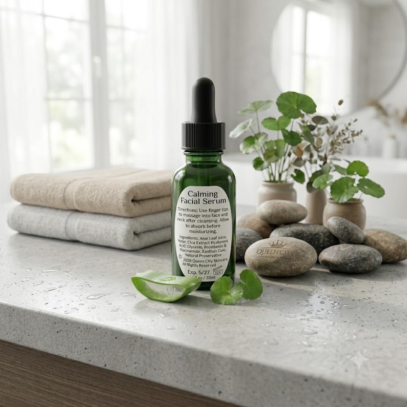 Essential Calm Face Serum by Queen City Skincare on a rock, featuring calming ingredients for redness-prone skin.